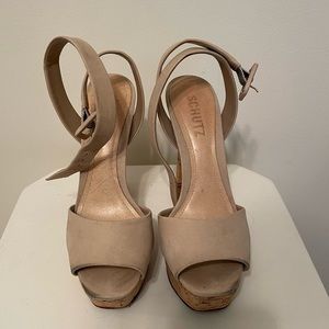 Schutz Beige Suede Peeptoe Cork Platform Heel With Ankle Straps - 5.5